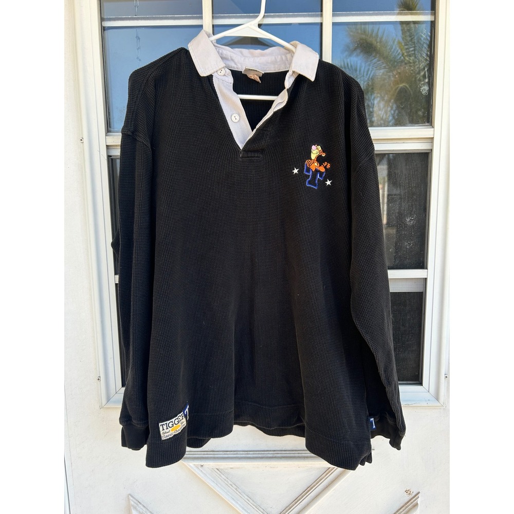 Disney Store Tigger Waffle Knit Rugby Shirt Black Vintage Long Sleeve Polo